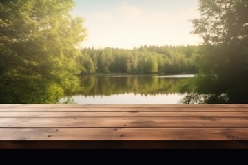 Obraz premium Empty Wooden Table With Summer Lakes Forest Background