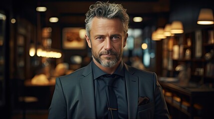 Obraz premium Smiling mature businessman holding a smartphone in an office. Businessman looking at the camera while standing alone in a modern workplace. Man portrait illustration. Generative AI