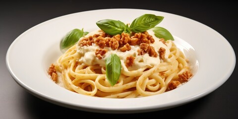 A Plate Of Pasta With Pecans And Parmesan Cheese