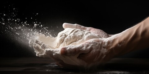 Flour Splashes, Hands Kneading Dough On Dark Background