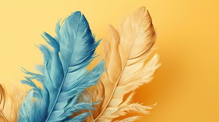  a close up of a blue and yellow feather on a yellow background.  generative ai