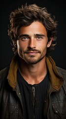 Fototapeta premium Close up charming guy entrepreneur feel content look listen have fun with his family wear denim jeans clothes over background. Man face portrait illustration. Generative AI