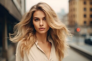 Portrait of a young woman with rich blond color hair - obrazy, fototapety, plakaty