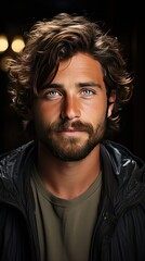 Fototapeta premium Portrait of a beautiful smiling man showing white teeth looking into camera or making faces of doubt or blunders with perfect skin and combed hair. Man face portrait illustration. Generative AI