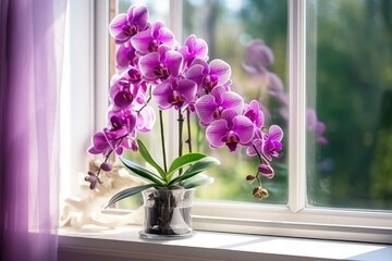 Purple orchid on a windowsill, home plant care