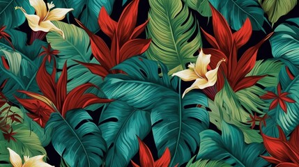  a bunch of tropical leaves and flowers on a black background.  generative ai