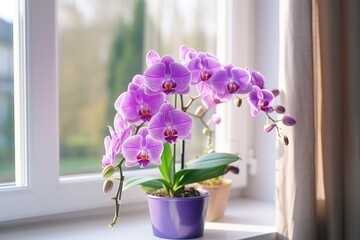 Purple orchid on a windowsill, home plant care