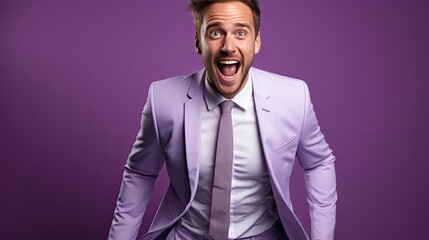 Obraz premium Full size fun young successful employee business man lawyer 20s wears formal blue suit white t-shirt work in office move hand in pocket look aside on pastel purple background. Generative AI art