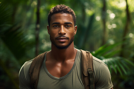 Photography of handsome nice man traveling in tropical island green rainforest generative AI