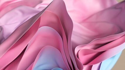 Gradient fabric of pastel tones, liquid glass collected in layers, moves and shimmers on a light background. Abstract fabric animation, 3d illustration