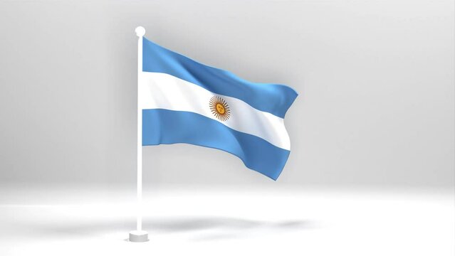 An Argentina flag flutters against a black background from a stream of vert. Beautiful Argentina flag on a white flagpole.
