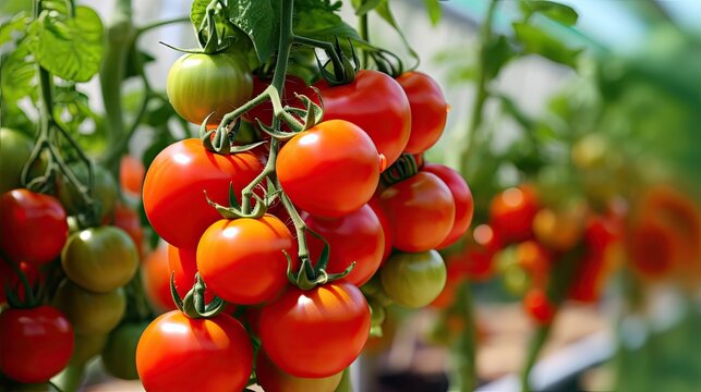 Ripe juicy red tomatoes in the greenhouse wide view