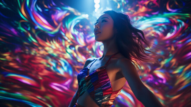 A young, beautiful asian woman dancing at the club surrounded by the colorful lights. Rave, concert, party, event photography
