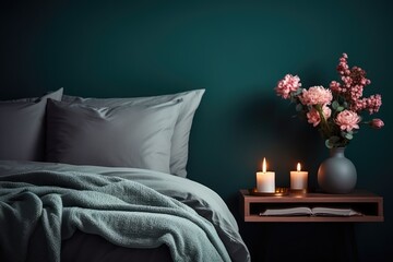 Stylish modern cosy bedroom in dark colors