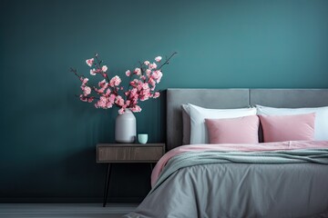 Stylish modern cosy bedroom in dark colors