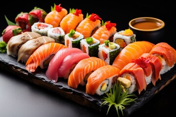 Sushi platter with different types of rolls