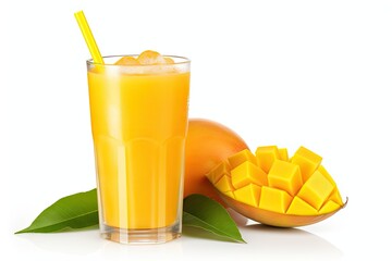 Tall glass of mango juice with mango slice and straw - obrazy, fototapety, plakaty