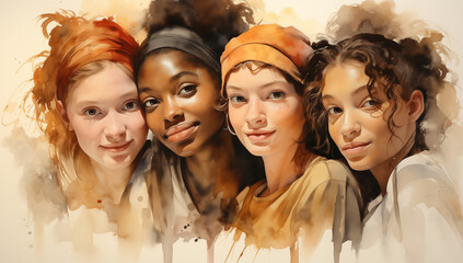 Vibrant Watercolor Portrait of Four Smiling Women with Diverse Skin Tones, Happy and Beautiful Girls, Artistic Dark White and Amber Hues, Feminine Empowerment Artwork