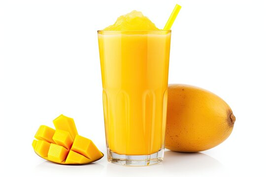Tall glass of mango juice with mango slice and straw
