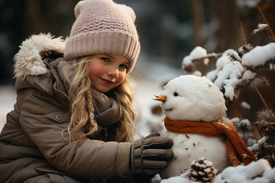 Generative AI creative picture illustration small child playing snow making snowman in yard have fun