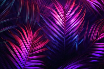 Tropical palm leaves in neon light exotic party