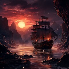 Obraz premium ship sailing in the ocean at sunset.