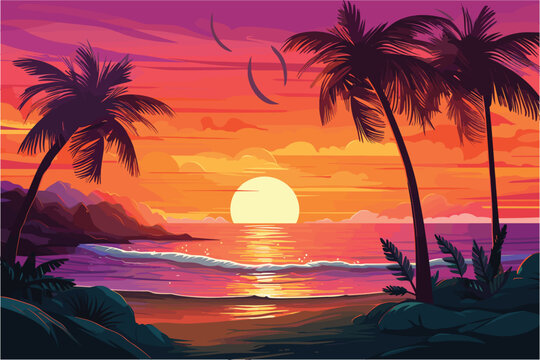Beautiful sunset landscape sea beach and tree, sunset & tree on colorful background, 
Vector illustration