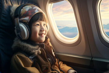 Generative AI picture portrait of traveler person inside modern airplane plane while flight looking illuminator