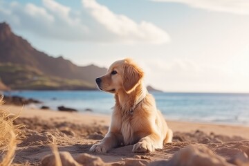 Golden Retriever Dog Enjoys Summer Vacation At Hawaiian Beach