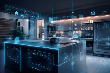 Smart kitchen illustrating the power of the Internet of Things in a smart connected home - obrazy, fototapety, plakaty