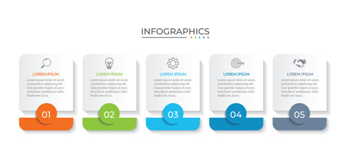Process business infographic thin line with square template design with icons and 5 options or steps - obrazy, fototapety, plakaty