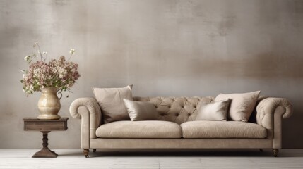 interior with brown sofa and vase of flowers 3d illustration