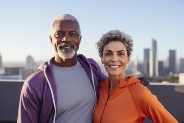 Obraz premium Adult multiethnic couple in sports outfits looking at camera with energetic cheerful smile. Happy loving mature man and woman jogging or exercising outdoors. Healthy lifestyle in urban environment.