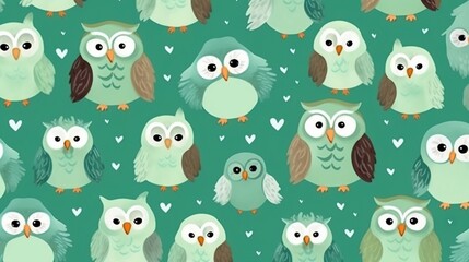  a group of owls sitting on top of a green surface.  generative ai
