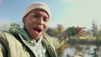 Hiking, video call and face of black man in nature show camping site, lake or live streaming in...
