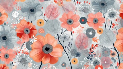  a floral pattern with orange and gray flowers on a gray background.  generative ai