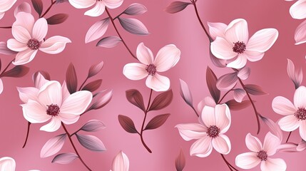  a pink and white flower pattern on a pink background with leaves.  generative ai