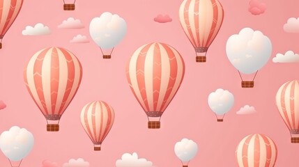  many hot air balloons flying in the sky with clouds on a pink background.  generative ai