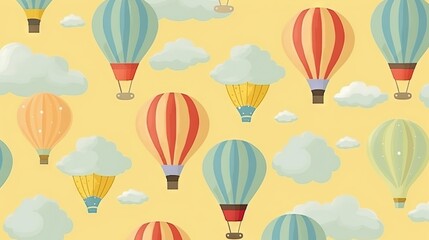  a pattern of hot air balloons flying in the sky with clouds.  generative ai