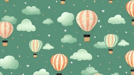  a pattern of hot air balloons in the sky with stars and clouds.  generative ai