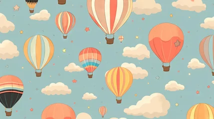 Poster Luchtballon  a bunch of hot air balloons flying in the sky with clouds.  generative ai