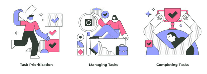 Business concepts of task management include task prioritization, managing project assignments, and achieving success in completing tasks