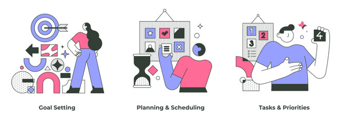 Business concepts of productivity include task and time management, goal setting, planning and scheduling, task prioritization
