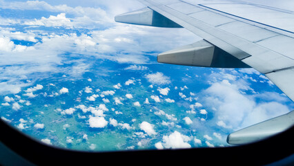 Aerial view of a scenic cloudscape with a blue sky from an airplane