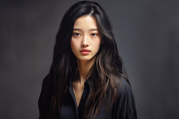 A drawn portrait of an Asian teenage girl with long, dark, straight hair, well-groomed skin, brown eyes, and plump lips, wearing a black blouse, posing on a gray background, looking at the camera. - obrazy, fototapety, plakaty