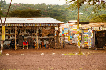 Africans sell masks and souvenirs small market in Tanzania