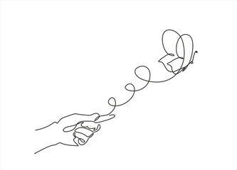 Human hand holding butterfly flying continuous line art drawing. One line butter fly insect. Vector isolated on white.