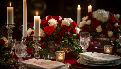Celebração Natalina: Mesa Elegante com Rosas Vermelhas, Candelabros de Prata e Louça de Cristal para a Ceia de Natal. - obrazy, fototapety, plakaty