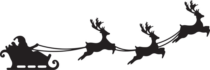 Santa Claus is flying in sleigh with Christmas reindeer. Silhouette of Santa Claus, sleigh with Christmas presents and reindeer  Silhouette