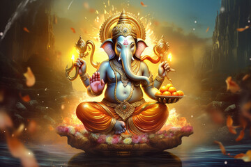 Hindu Lord Ganesha with blurry beautiful and colorful decorative background, Ganesha Ganpati statue, Ganesha festival, Hindu lord concept.